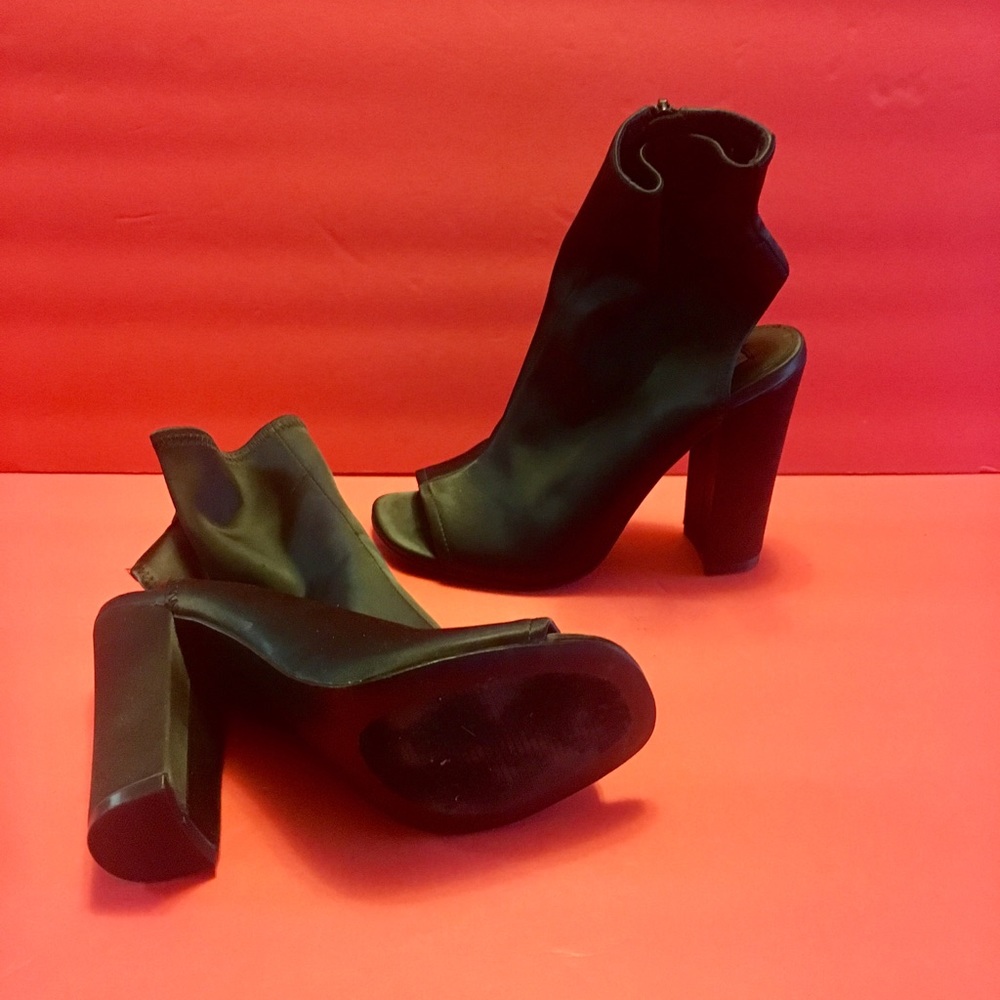 Black satin open toe bootie